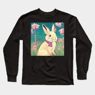 Flowers of Lotus with Cute Bunny Rabbit Vintage Cottagecore Animal Pet Long Sleeve T-Shirt